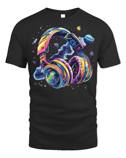 Galaxy Headphones T-Shirt Space Music Vibes Tee - black t-shirt on white background