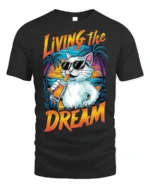 Living The Dream Cat T-Shirt Cool Beach Vibes Tee - black t-shirt on white background