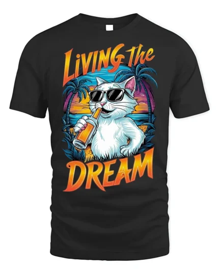 Living The Dream Cat T-Shirt Cool Beach Vibes Tee - black t-shirt on white background