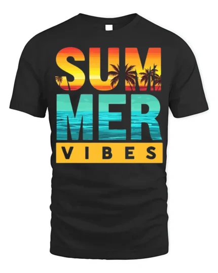 Summer Vibes Beach Sunset T-Shirt Bold Tropical Tee - black t-shirt on white background
