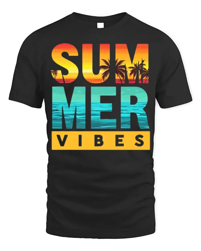 Summer Vibes Beach Sunset T-Shirt Bold Tropical Tee - black t-shirt on white background