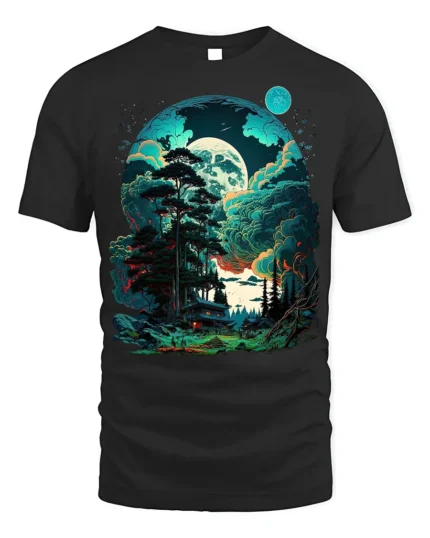 Fantasy Forest Cabin T-Shirt Mystical Moonlight Tee - black t-shirt on white background