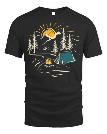 Sunset Camping Scene T-Shirt Cozy Campfire Forest Tee - black t-shirt on white background