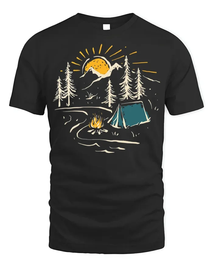 Sunset Camping Scene T-Shirt Cozy Campfire Forest Tee - black t-shirt on white background