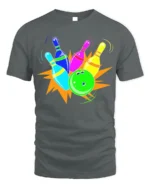 Neon Bowling Strike Graphic T-Shirt Soft Cotton - gray t-shirt on white background