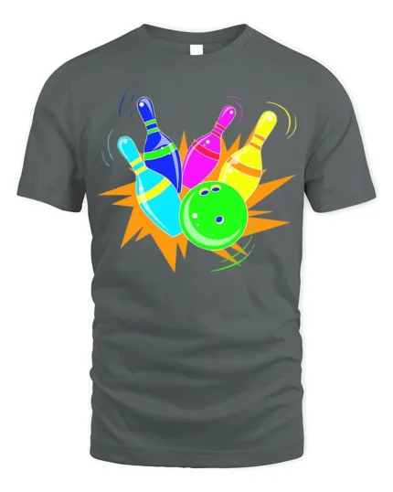 Neon Bowling Strike Graphic T-Shirt Soft Cotton - gray t-shirt on white background