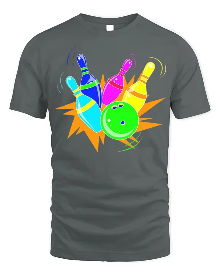 Neon Bowling Strike Graphic T-Shirt Soft Cotton - gray t-shirt on white background