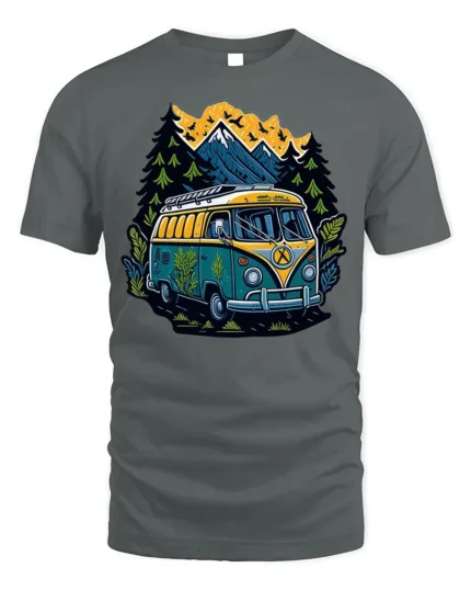 Adventure Van T-Shirt Retro Camping Tee for Nature Lovers - gray t-shirt on white background