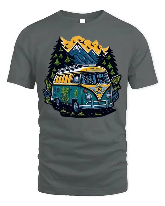 Adventure Van T-Shirt Retro Camping Tee for Nature Lovers - gray t-shirt on white background