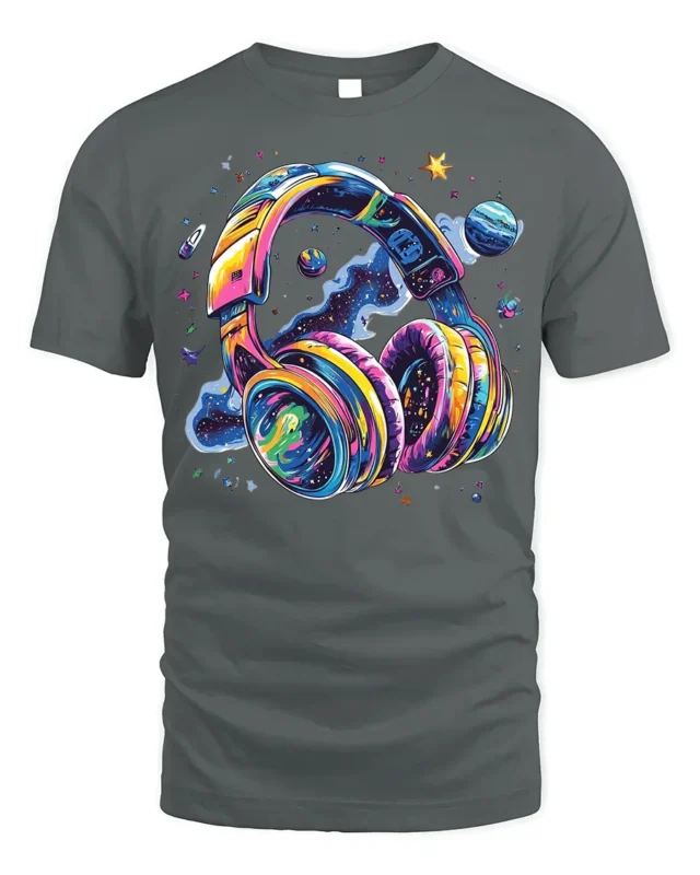 Galaxy Headphones T-Shirt Space Music Vibes Tee - gray t-shirt on white background