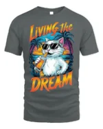 Living The Dream Cat T-Shirt Cool Beach Vibes Tee - gray t-shirt on white background