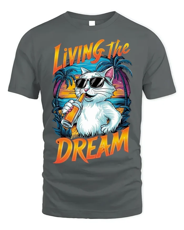 Living The Dream Cat T-Shirt Cool Beach Vibes Tee - gray t-shirt on white background