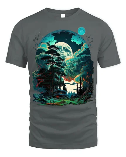 Fantasy Forest Cabin T-Shirt Mystical Moonlight Tee - gray t-shirt on white background