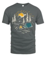 Sunset Camping Scene T-Shirt Cozy Campfire Forest Tee - gray t-shirt on white background