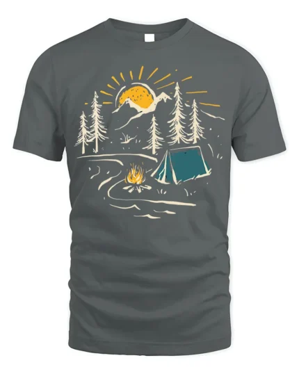 Sunset Camping Scene T-Shirt Cozy Campfire Forest Tee - gray t-shirt on white background