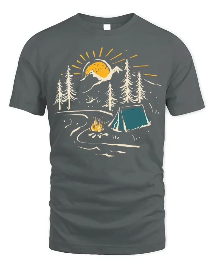 Sunset Camping Scene T-Shirt Cozy Campfire Forest Tee - gray t-shirt on white background