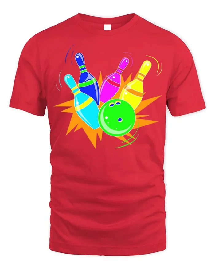 Neon Bowling Strike Graphic T-Shirt Soft Cotton - red t-shirt on white background