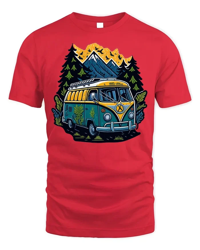Adventure Van T-Shirt Retro Camping Tee for Nature Lovers - red t-shirt on white background