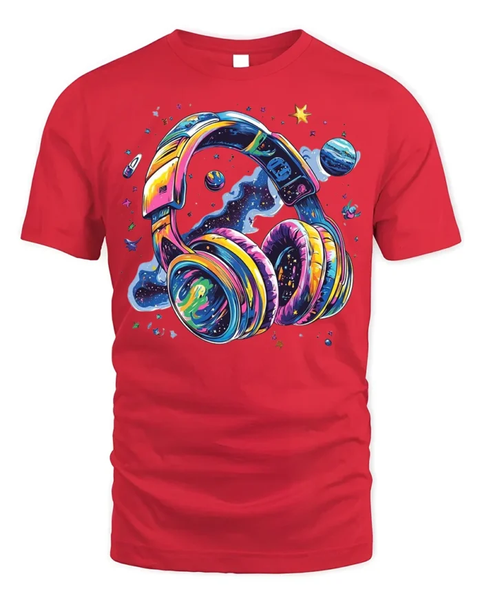 Galaxy Headphones T-Shirt Space Music Vibes Tee - red t-shirt on white background