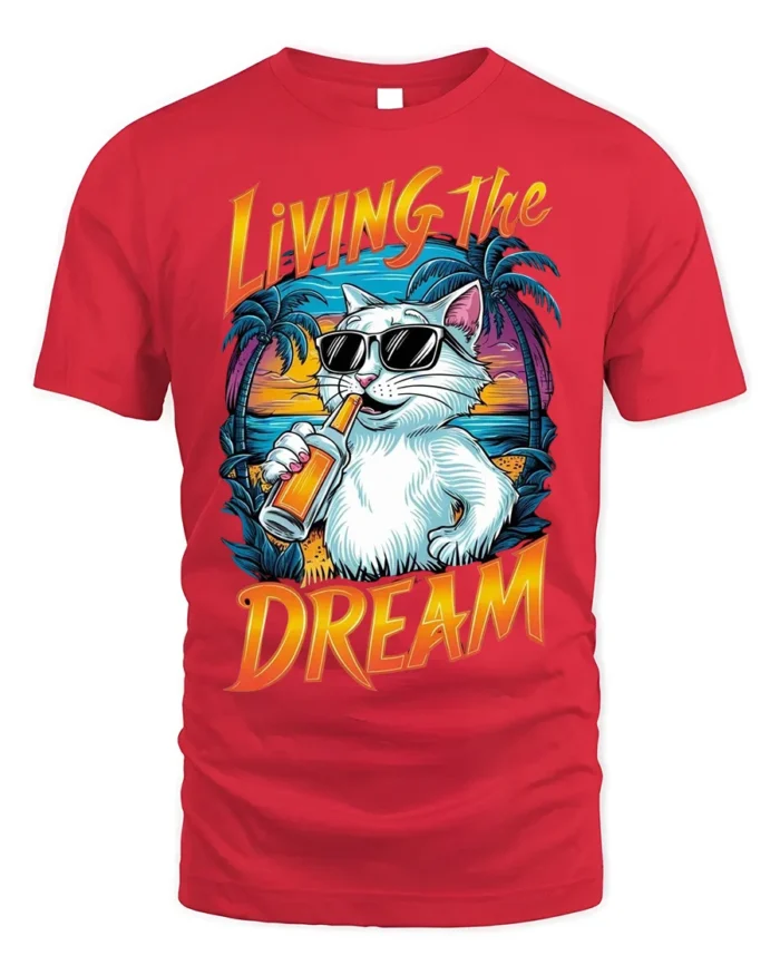 Living The Dream Cat T-Shirt Cool Beach Vibes Tee - red t-shirt on white background