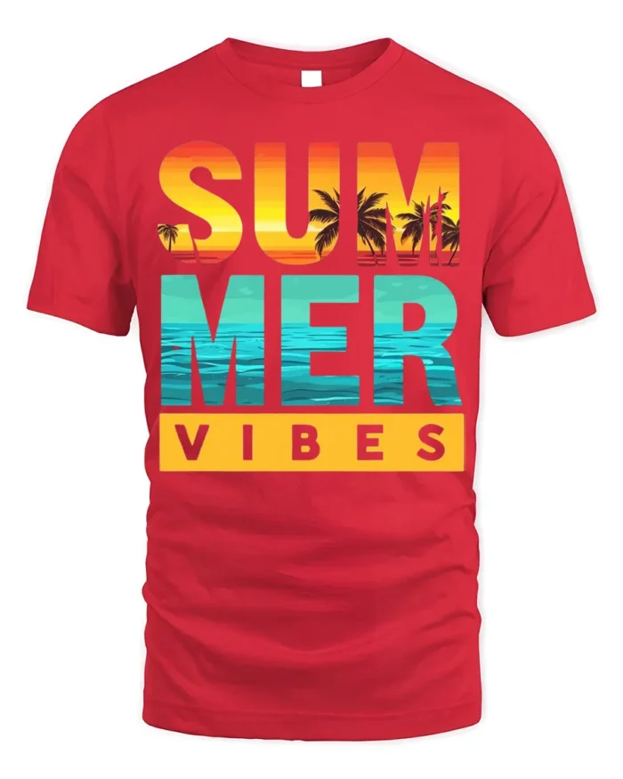 Summer Vibes Beach Sunset T-Shirt Bold Tropical Tee - red t-shirt on white background