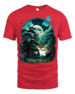 Fantasy Forest Cabin T-Shirt Mystical Moonlight Tee - red t-shirt on white background