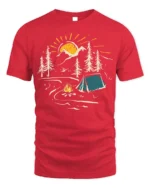 Sunset Camping Scene T-Shirt Cozy Campfire Forest Tee - red t-shirt on white background