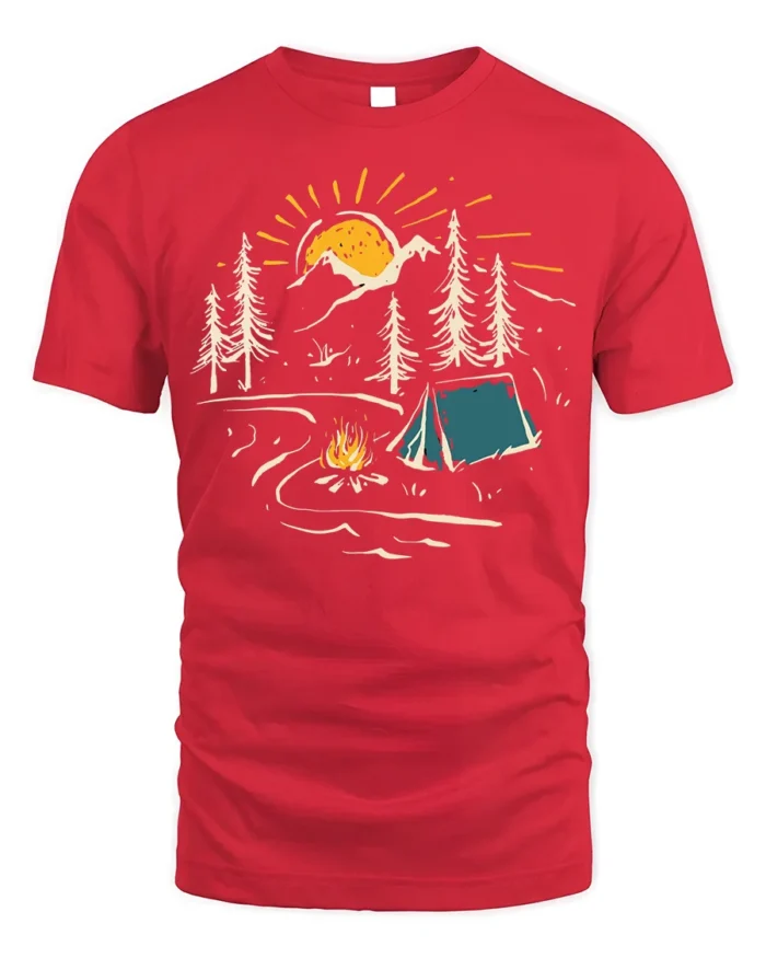 Sunset Camping Scene T-Shirt Cozy Campfire Forest Tee - red t-shirt on white background