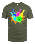 Neon Bowling Strike Graphic T-Shirt Soft Cotton - military green t-shirt on white background