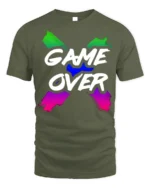 Game Over Graphic T-Shirt Soft Cotton Retro Gamer Tee - military green t-shirt on white background