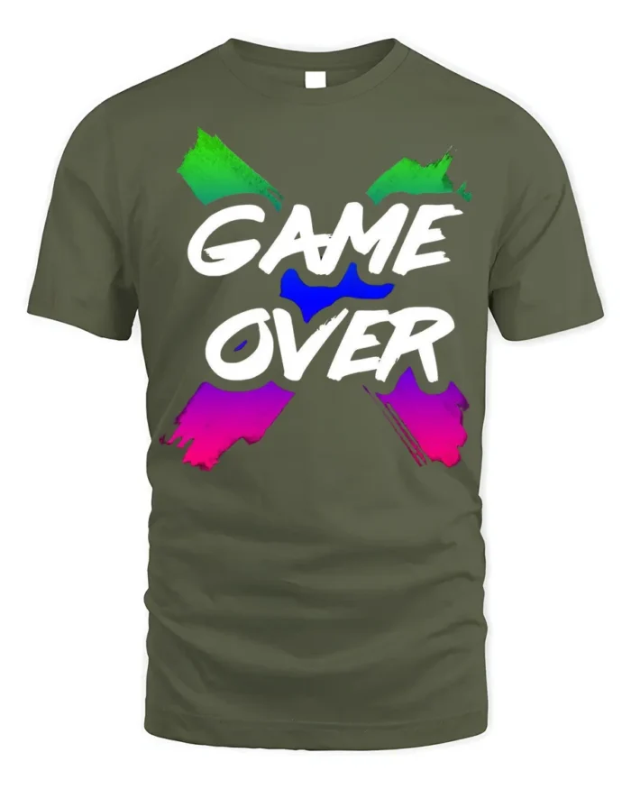 Game Over Graphic T-Shirt Soft Cotton Retro Gamer Tee - military green t-shirt on white background