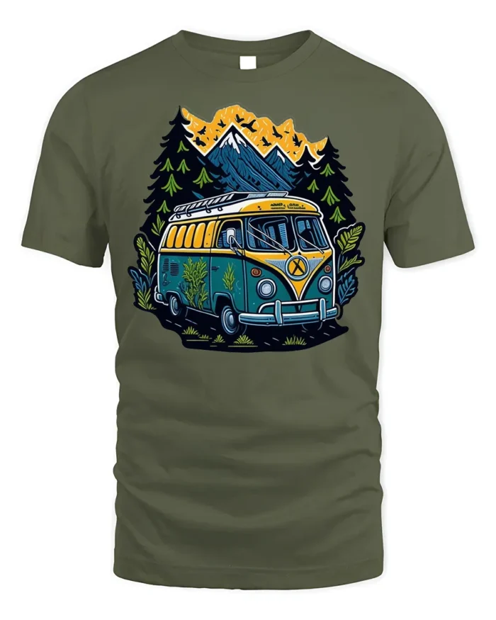 Adventure Van T-Shirt Retro Camping Tee for Nature Lovers - military green t-shirt on white background