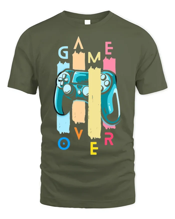 Game Over Controller T-Shirt Funny Gamer Graphic Tee - military green t-shirt on white background