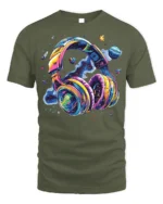 Galaxy Headphones T-Shirt Space Music Vibes Tee - military green t-shirt on white background