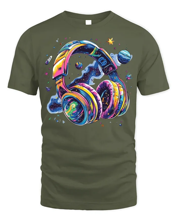 Galaxy Headphones T-Shirt Space Music Vibes Tee - military green t-shirt on white background