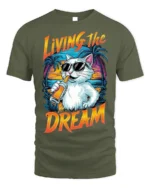 Living The Dream Cat T-Shirt Cool Beach Vibes Tee - military green t-shirt on white background