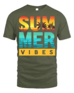 Summer Vibes Beach Sunset T-Shirt Bold Tropical Tee - military green t-shirt on white background
