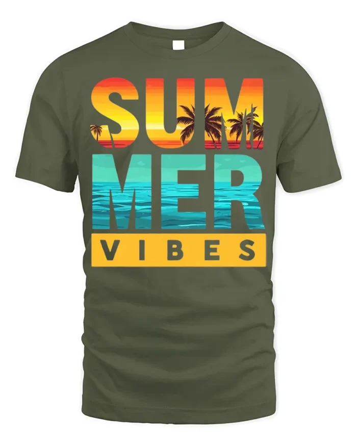 Summer Vibes Beach Sunset T-Shirt Bold Tropical Tee - military green t-shirt on white background