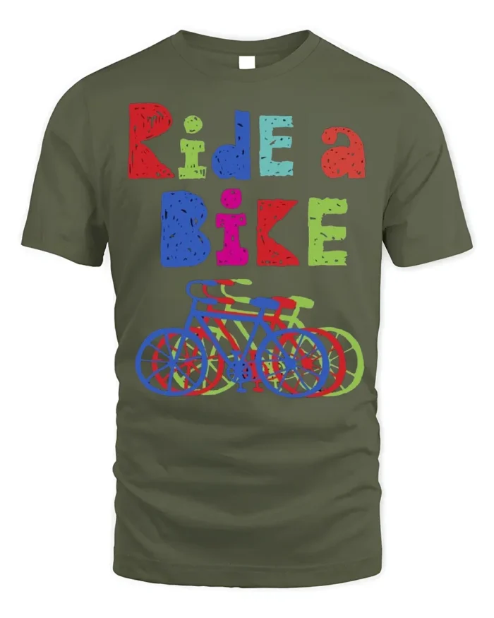 Ride a Bike T-Shirt Colorful Cycling Graphic Tee - military green t-shirt on white background