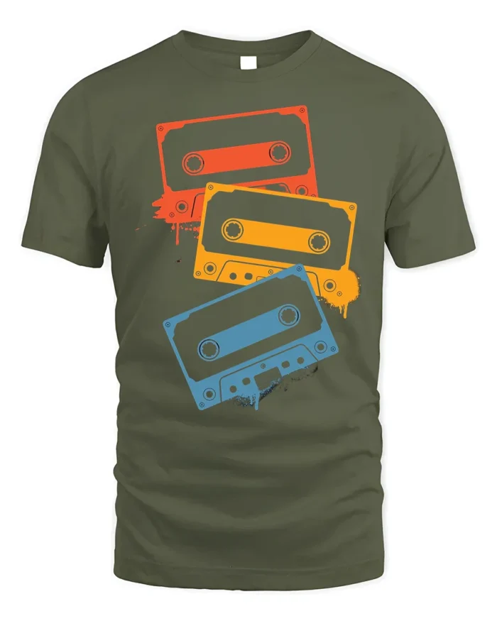 Retro Cassette Tape T-Shirt Vintage 80s Music Tee - military green t-shirt on white background
