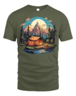 Mountain Camping Adventure T-Shirt Outdoor Nature Tee - military green t-shirt on white background