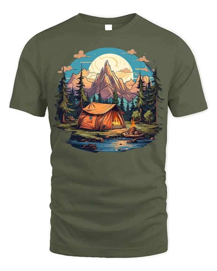 Mountain Camping Adventure T-Shirt Outdoor Nature Tee - military green t-shirt on white background