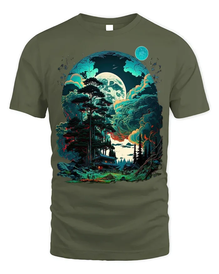 Fantasy Forest Cabin T-Shirt Mystical Moonlight Tee - military green t-shirt on white background