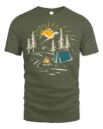 Sunset Camping Scene T-Shirt Cozy Campfire Forest Tee - military green t-shirt on white background