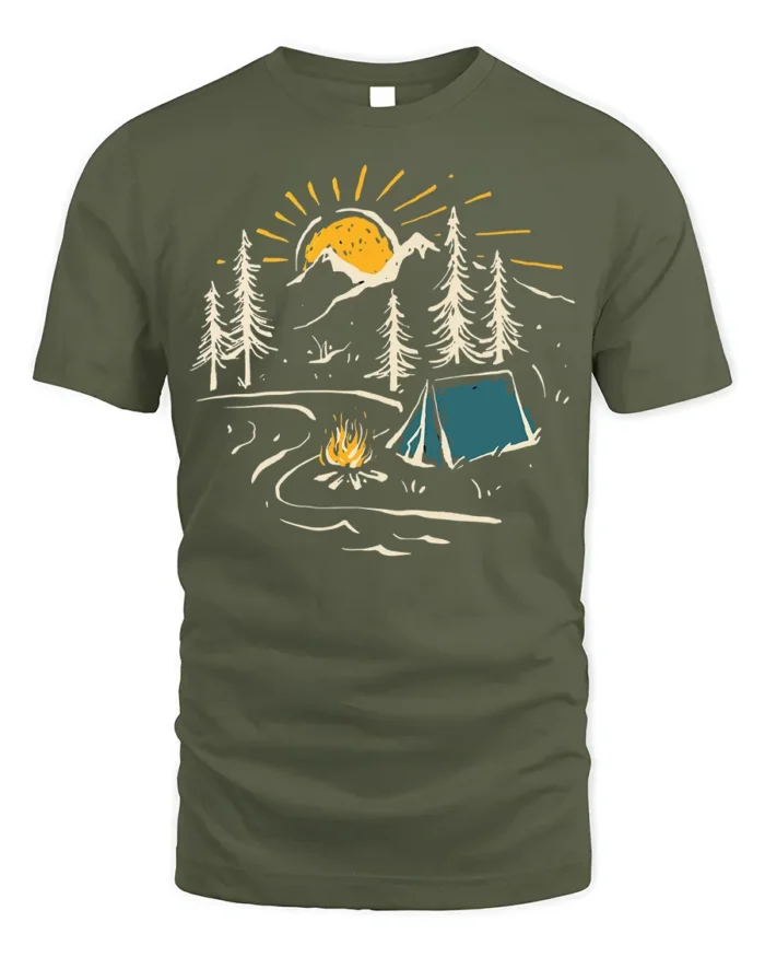 Sunset Camping Scene T-Shirt Cozy Campfire Forest Tee - military green t-shirt on white background