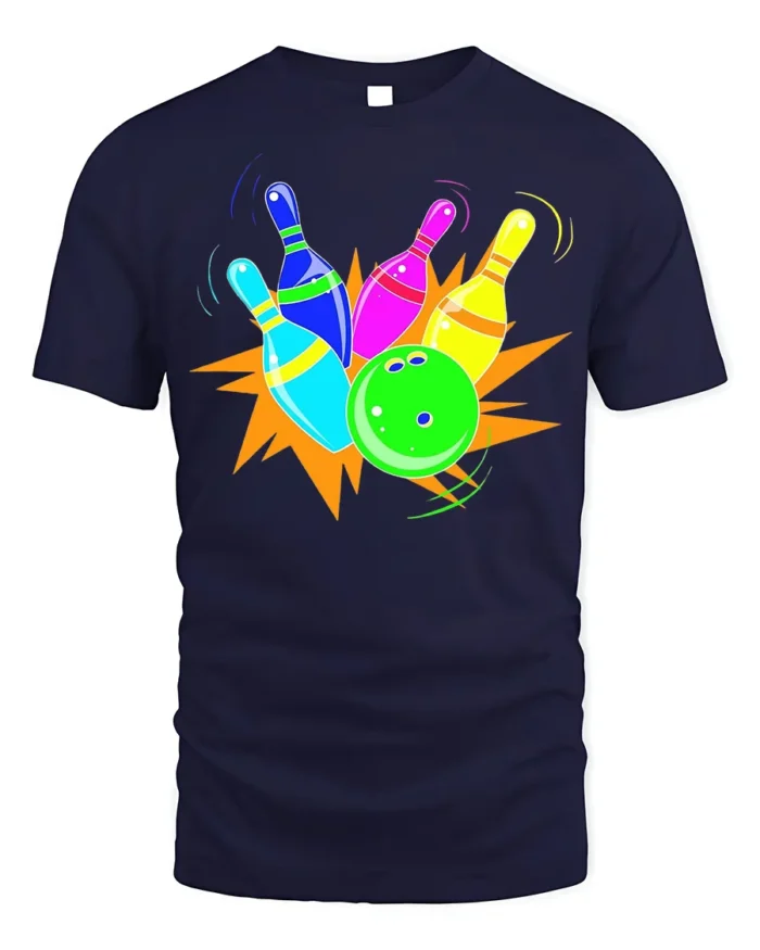 Neon Bowling Strike Graphic T-Shirt Soft Cotton - navy t-shirt on white background