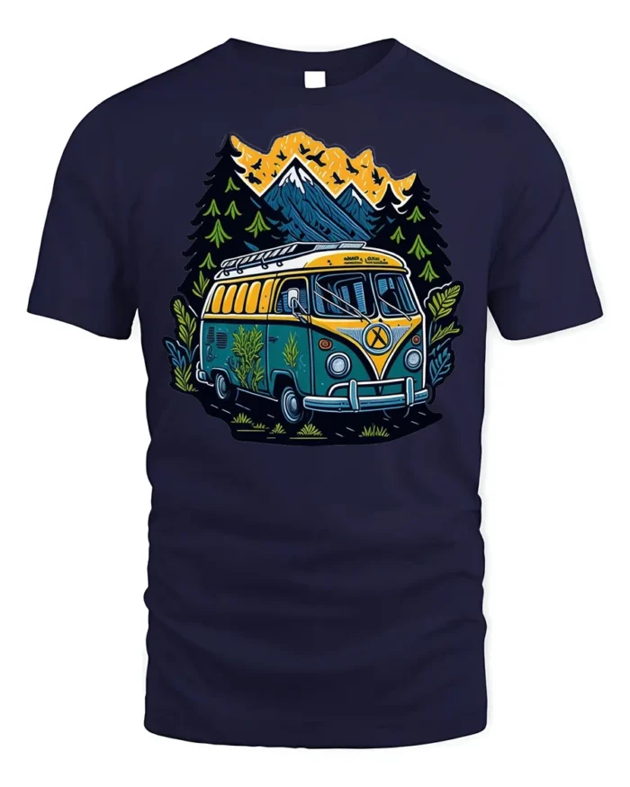 Adventure Van T-Shirt Retro Camping Tee for Nature Lovers - navy t-shirt on white background
