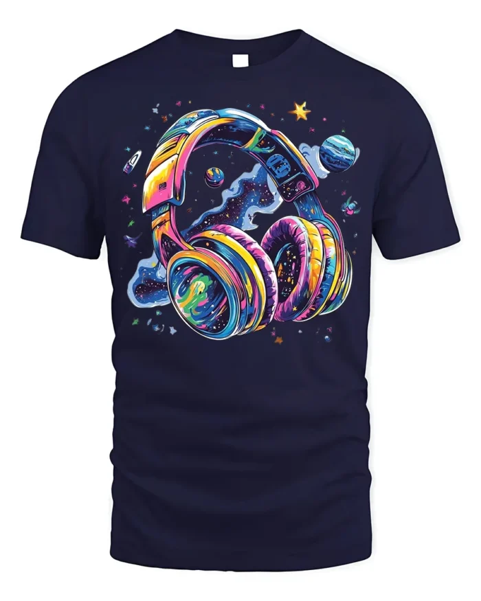 Galaxy Headphones T-Shirt Space Music Vibes Tee - navy t-shirt on white background