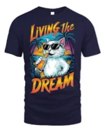 Living The Dream Cat T-Shirt Cool Beach Vibes Tee - navy t-shirt on white background