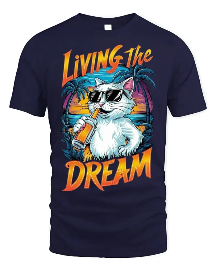 Living The Dream Cat T-Shirt Cool Beach Vibes Tee - navy t-shirt on white background